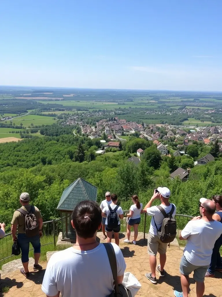 An inviting image of a scenic viewpoint overlooking Soudaine-Lavinadière with tourists exploring, highlighting the Tourism Development Initiatives.