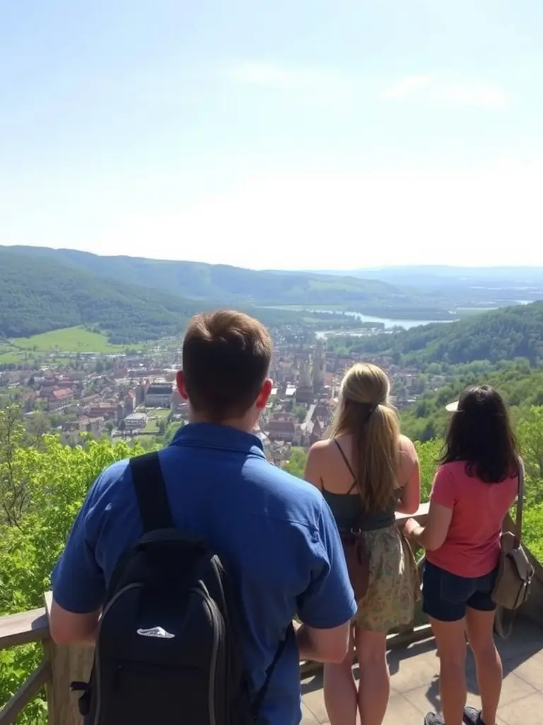 An inviting image of a scenic viewpoint overlooking Soudaine-Lavinadière with tourists exploring, illustrating Tourism Development Initiatives.