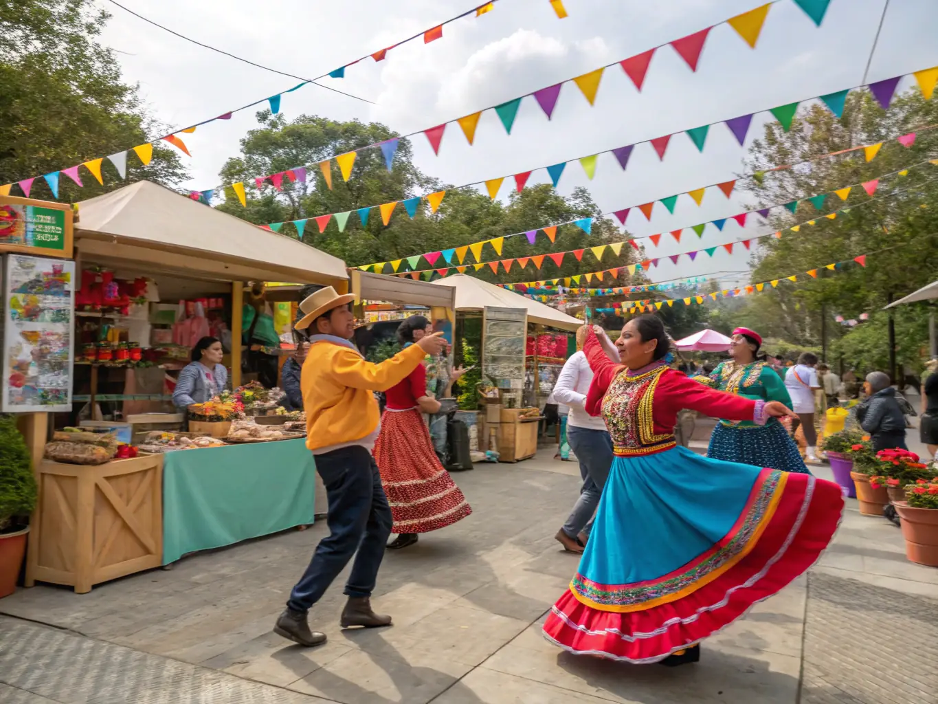A colorful image depicting a local cultural festival, with people enjoying traditional music, dance, and food, highlighting the community spirit and cultural exchange promoted by LES AMIS DE LA VINERIA.