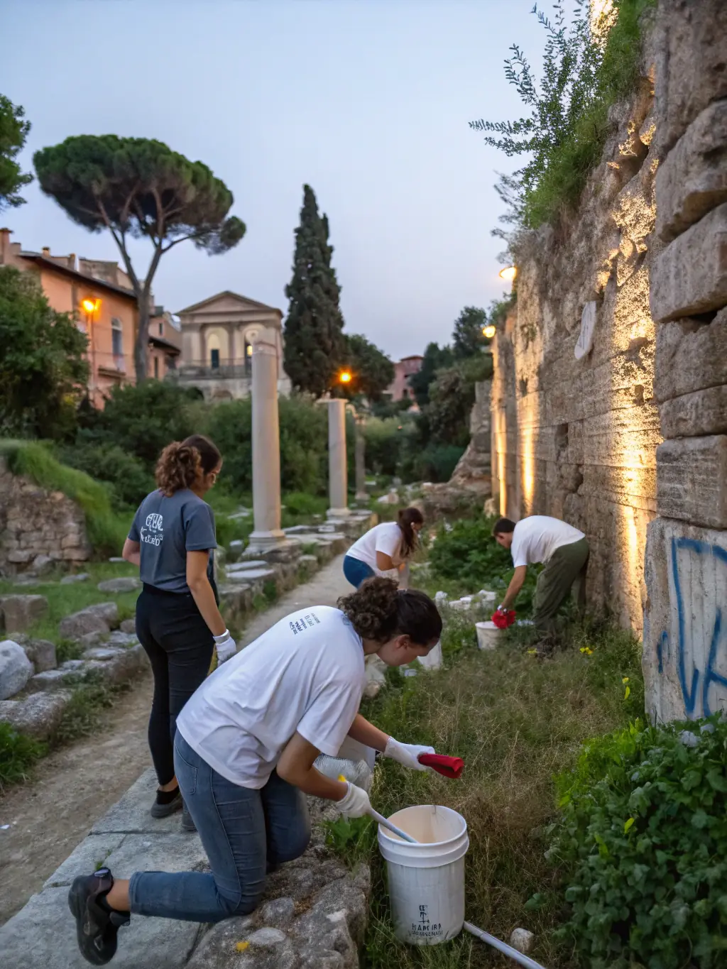 A vibrant image of volunteers working on an archaeological site with historical artifacts in the background, showcasing the Heritage Preservation Programs.