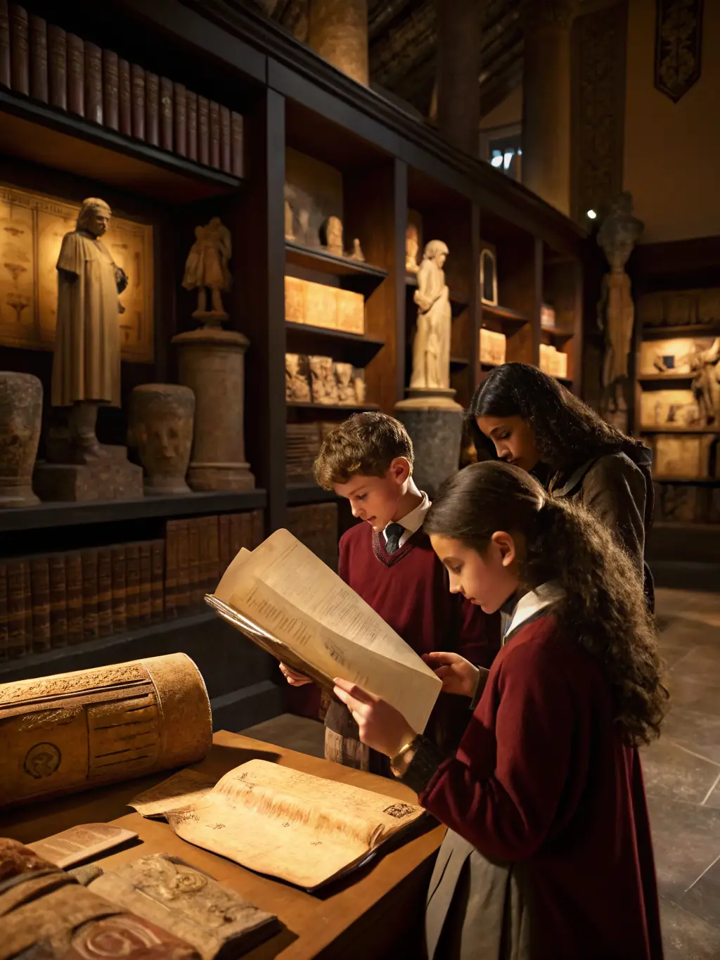 A group of local students participating in a historical workshop, learning about the heritage of Soudaine-Lavinadière.