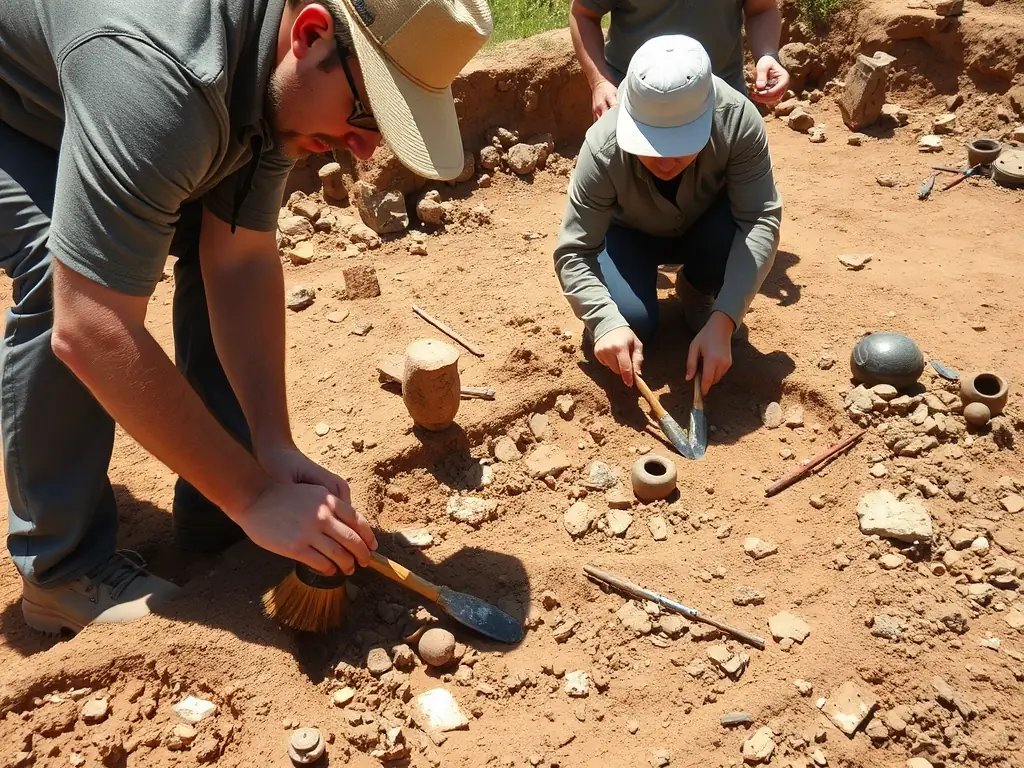A vibrant photograph capturing volunteers participating in an archaeological dig at a local historical site, showcasing the hands-on experience and community involvement in preserving local heritage.